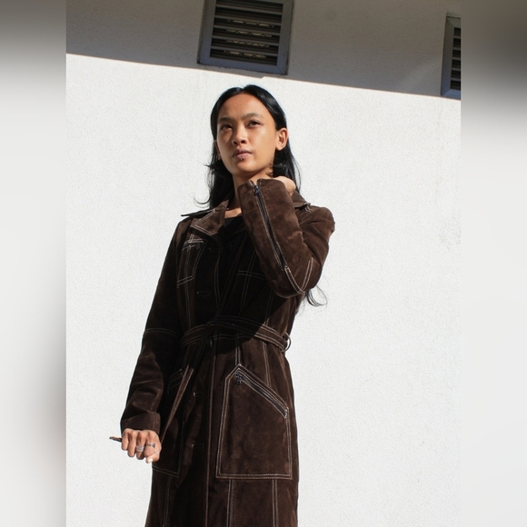 Vintage Y2K Guess Sueded Brown Leather Women's Trench Coat Size Small - Picture 2 of 8